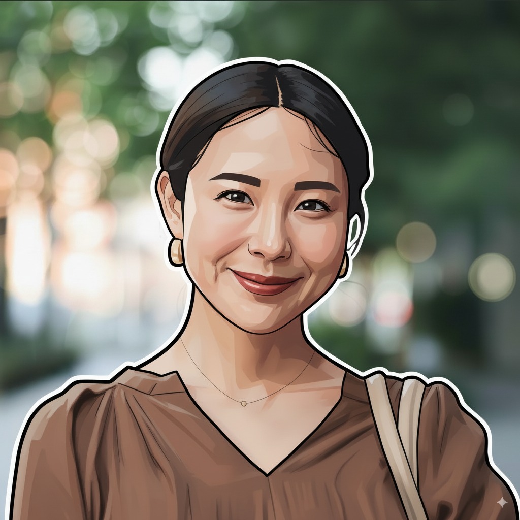 屋外で微笑む茶色いブラウスの日本人女性