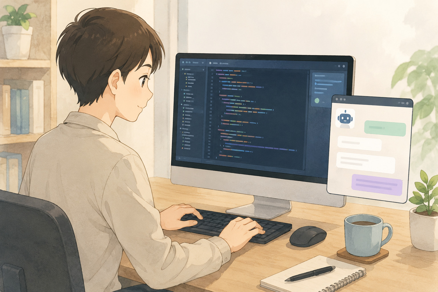 就労継続支援A型のプログラミング業務でAIをツールとして活用するイメージ図