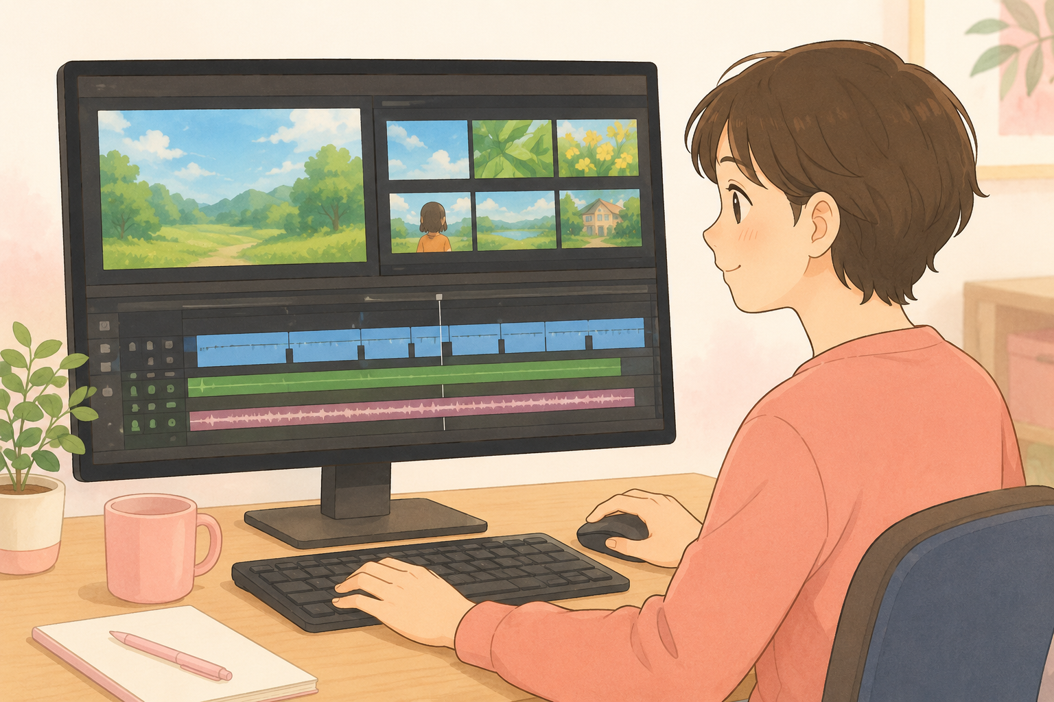 就労継続支援A型で動画編集の作業に取り組むイメージ図