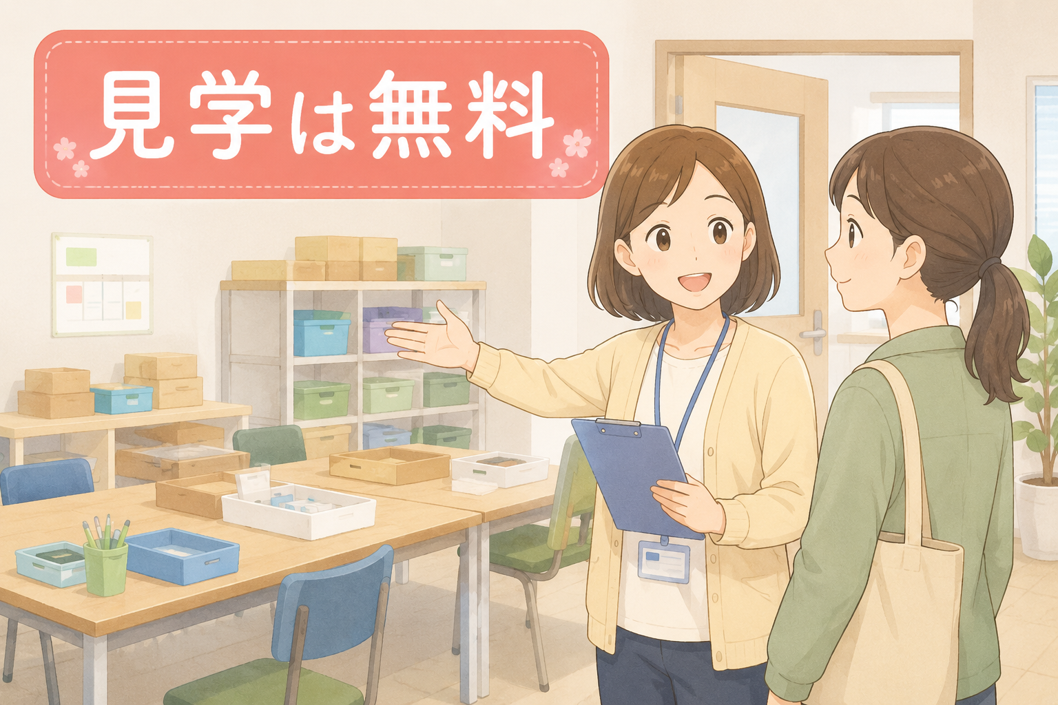 就労継続支援A型事業所の見学で1日の様子を確認する場面のイラスト