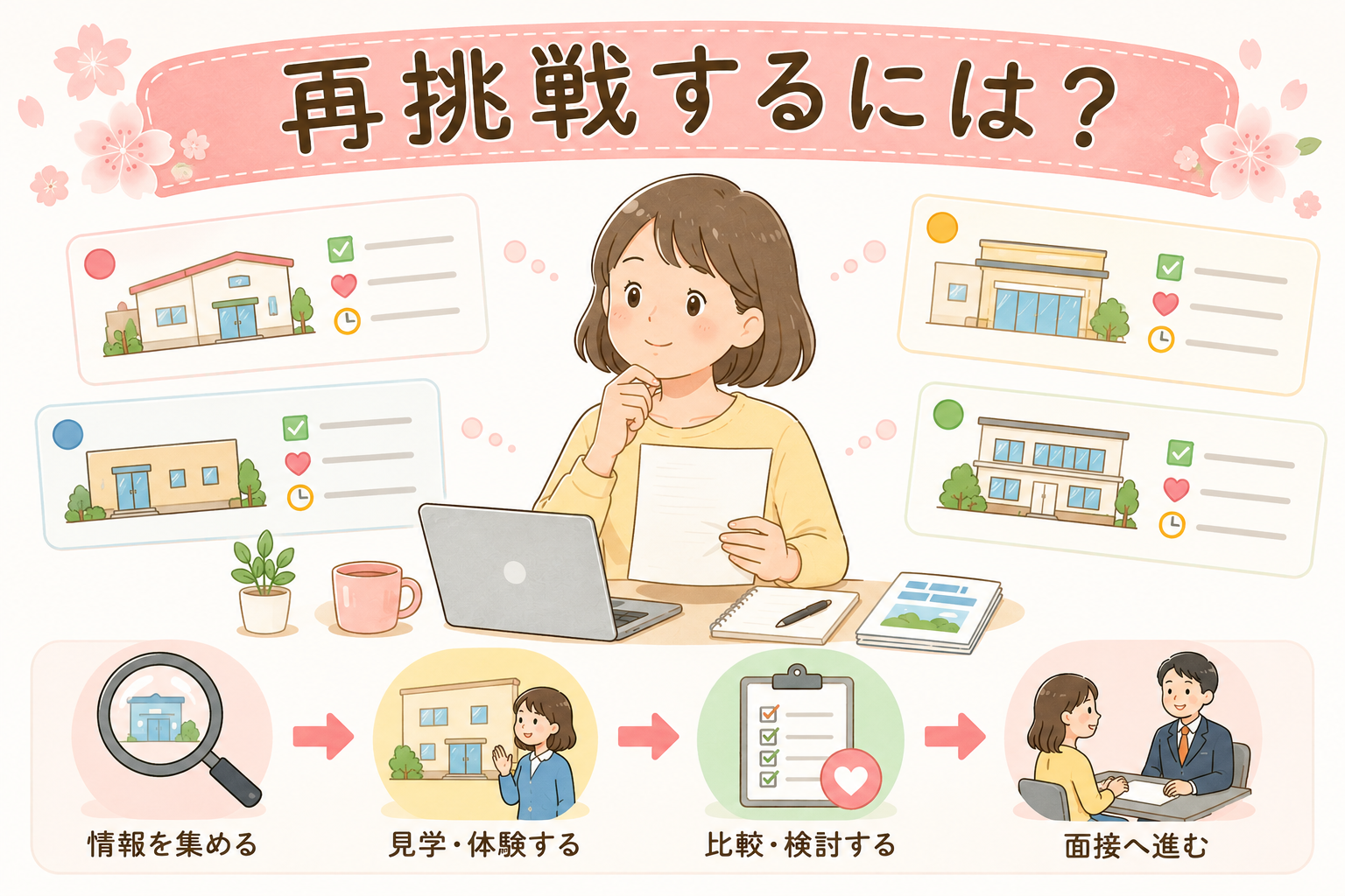 再挑戦のために複数の事業所を比較検討している様子を示す図解