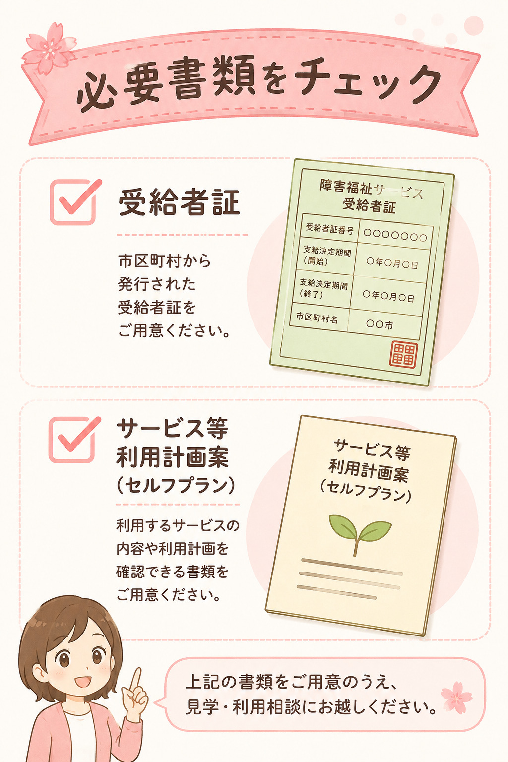 受給者証とサービス等利用計画案(セルフプラン)の必要書類を示すチェックリスト画像