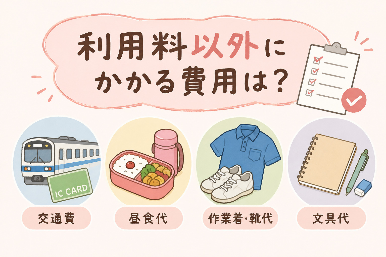 就労継続支援A型で利用料以外にかかる費用の項目を示すイラスト