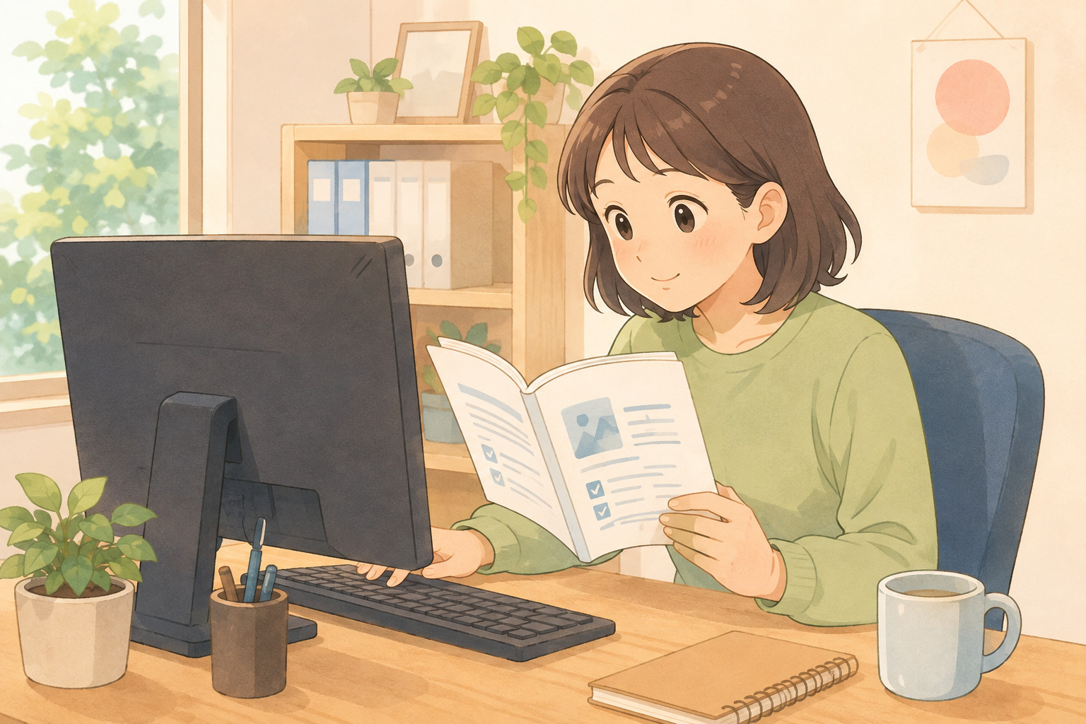 マニュアルを見ながらSNS運用の仕事を覚えるイメージ