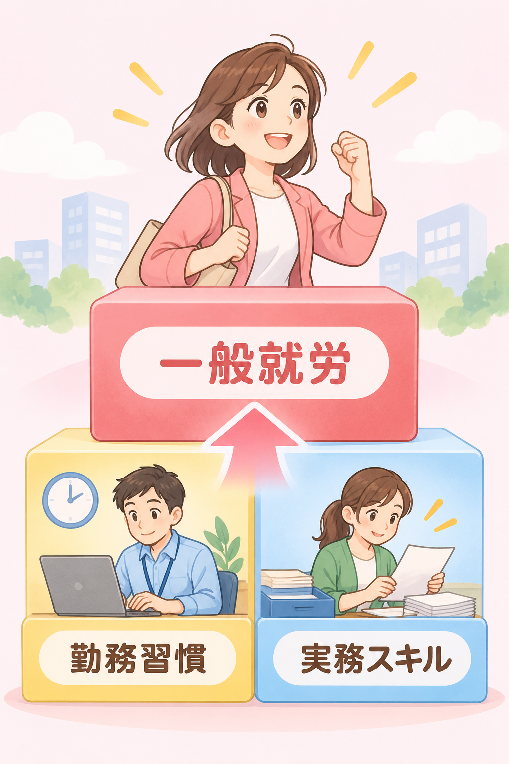 就労継続支援A型で身につく勤務習慣と実務スキルという土台の上に、一般就労という目標を積み上げるイメージ図