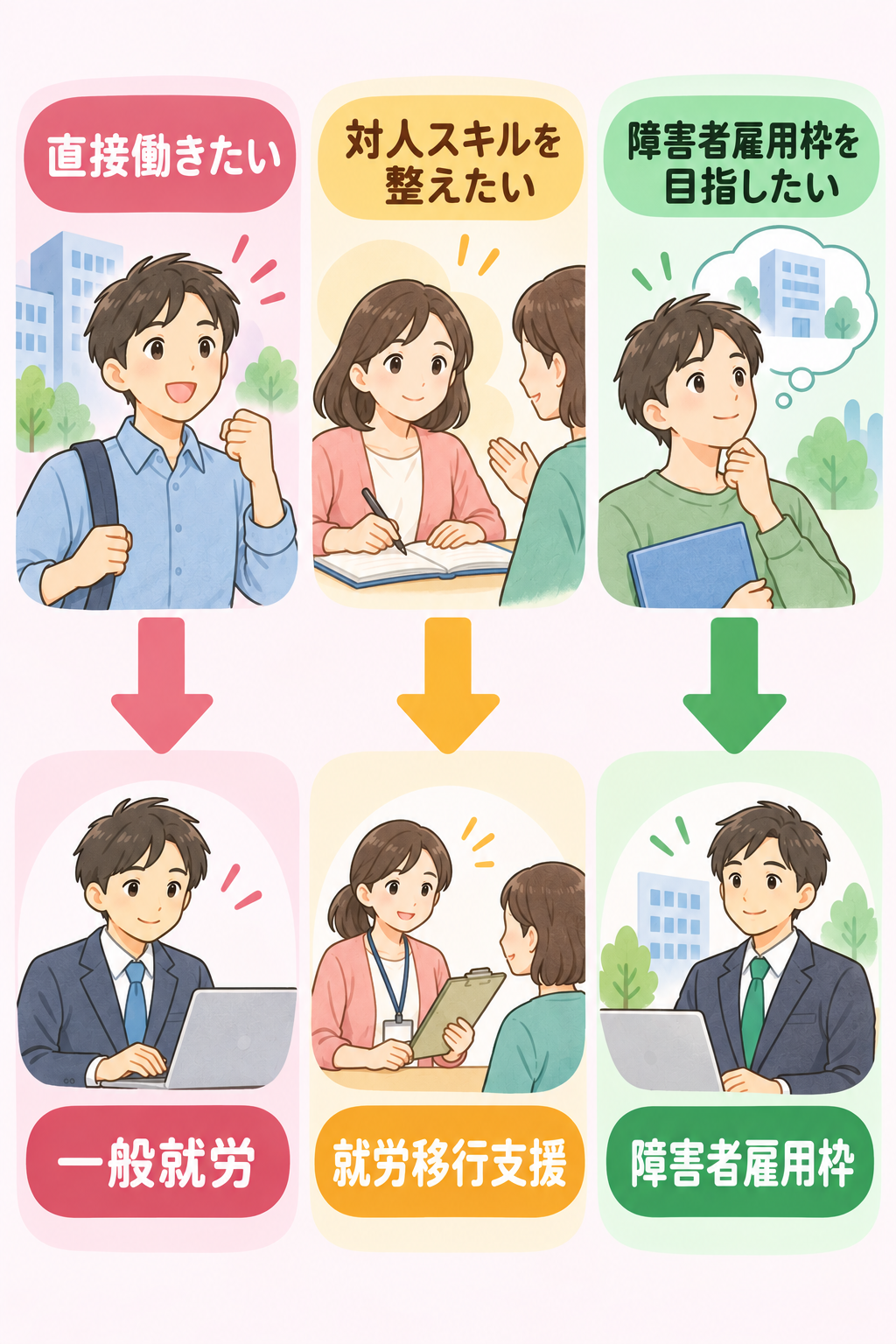 希望条件から一般就労・就労移行支援・障害者雇用枠のいずれが向いているかをたどれる分岐チャート