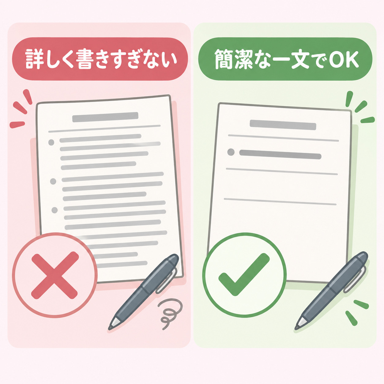 職歴の空白期間の書き方について、詳しく書きすぎる例と簡潔に書く例を比較したイラスト