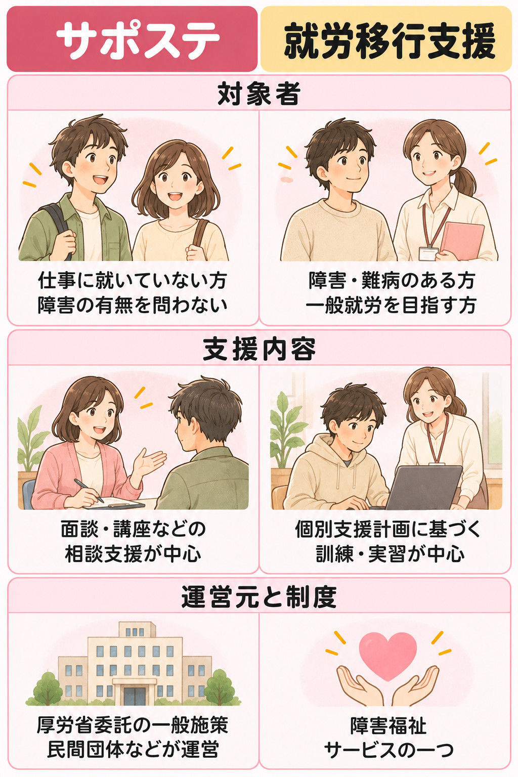 サポステと就労移行支援を対象者・支援内容・運営元と制度の区分で比較する表