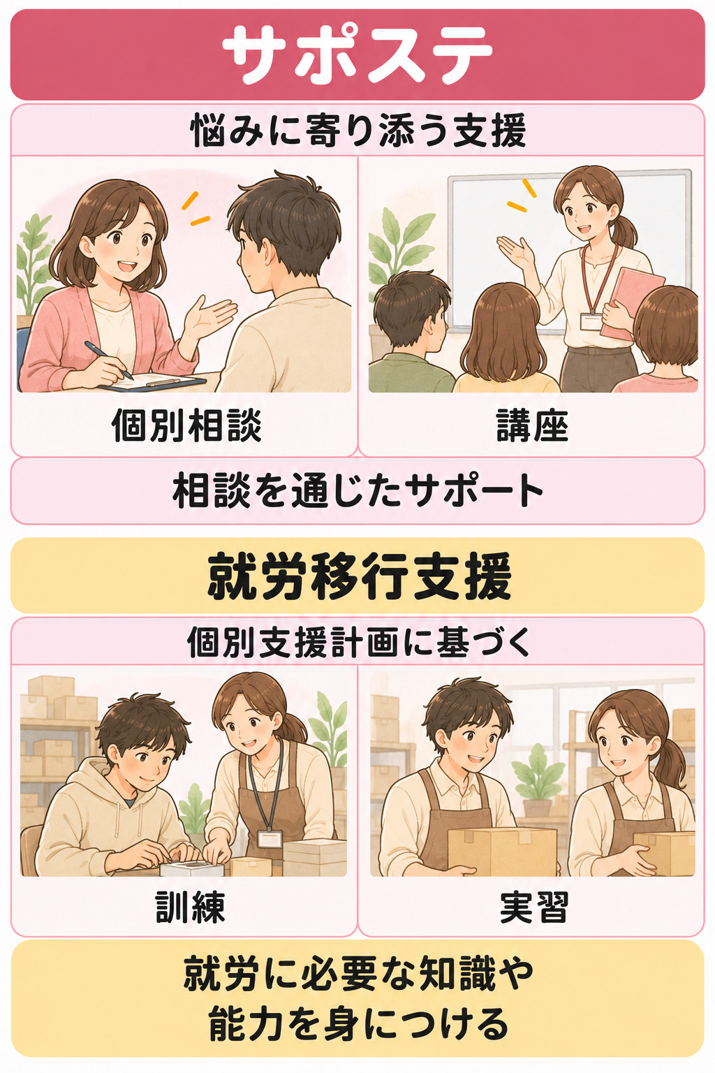 サポステの個別相談・講座と就労移行支援の訓練・実習を対比する図