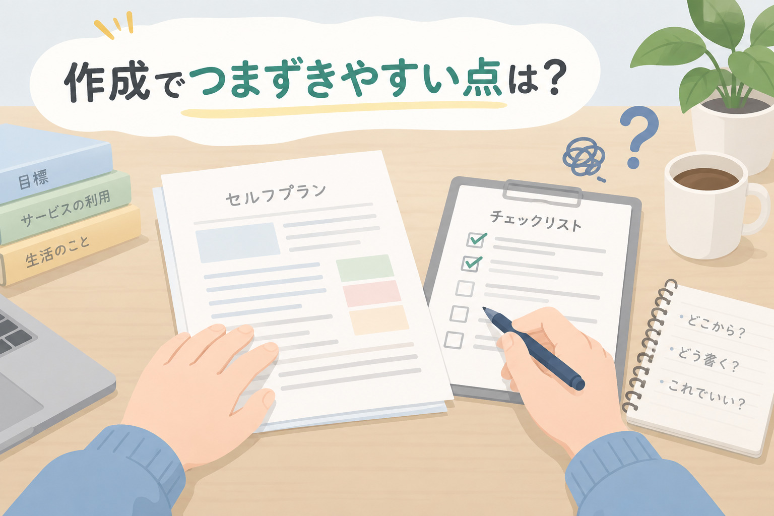 セルフプラン作成で困りやすい点を表すイラスト