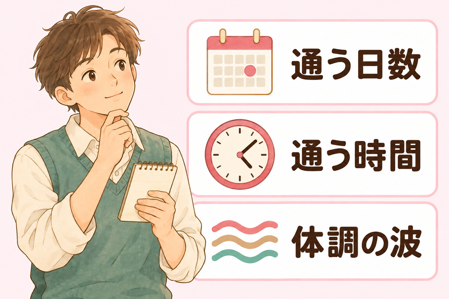 移る前に確かめておく、通う日数・通う時間・体調の波の3つの点を並べた図