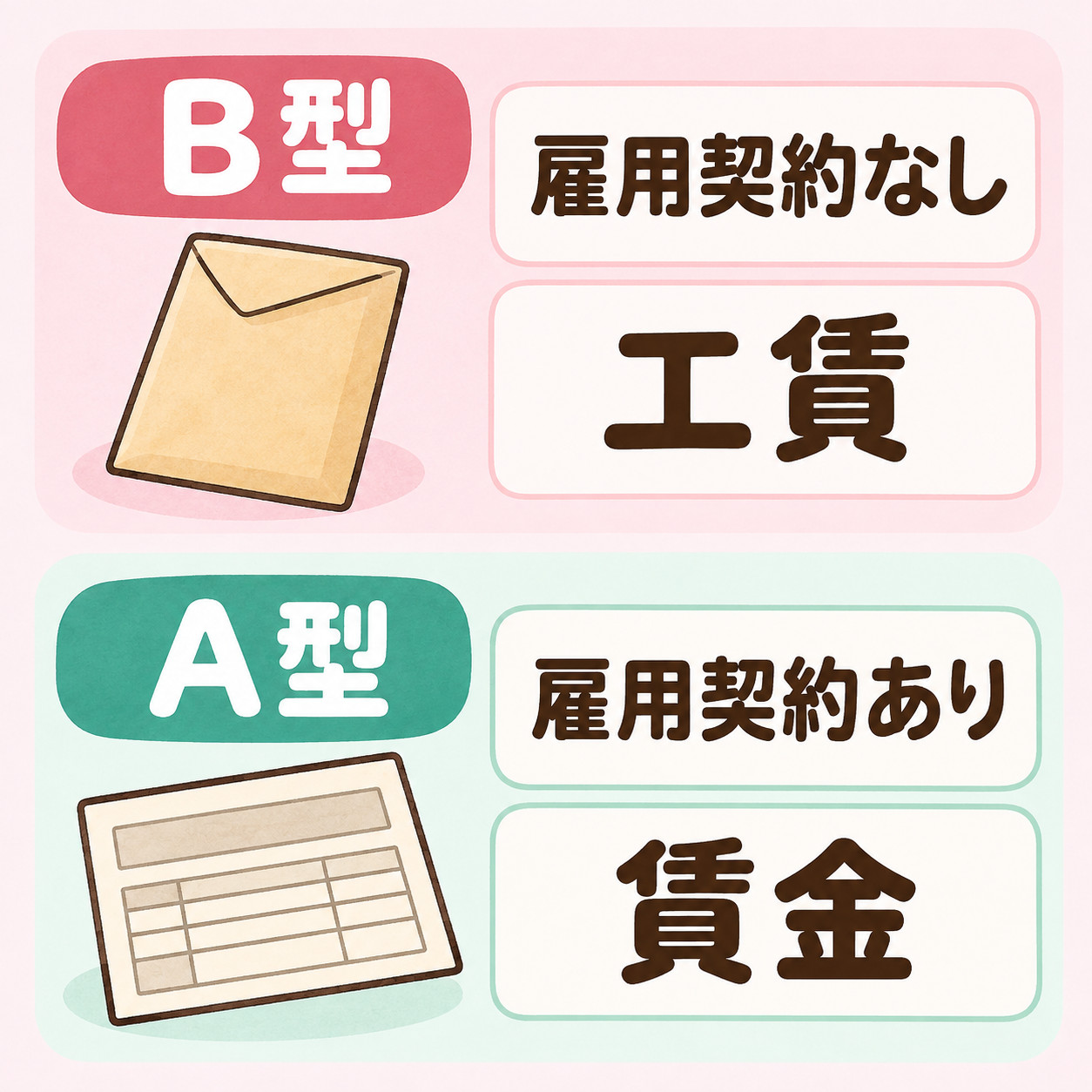 B型は雇用契約なしで工賃、A型は雇用契約ありで賃金という収入の呼び方の違いを示す図