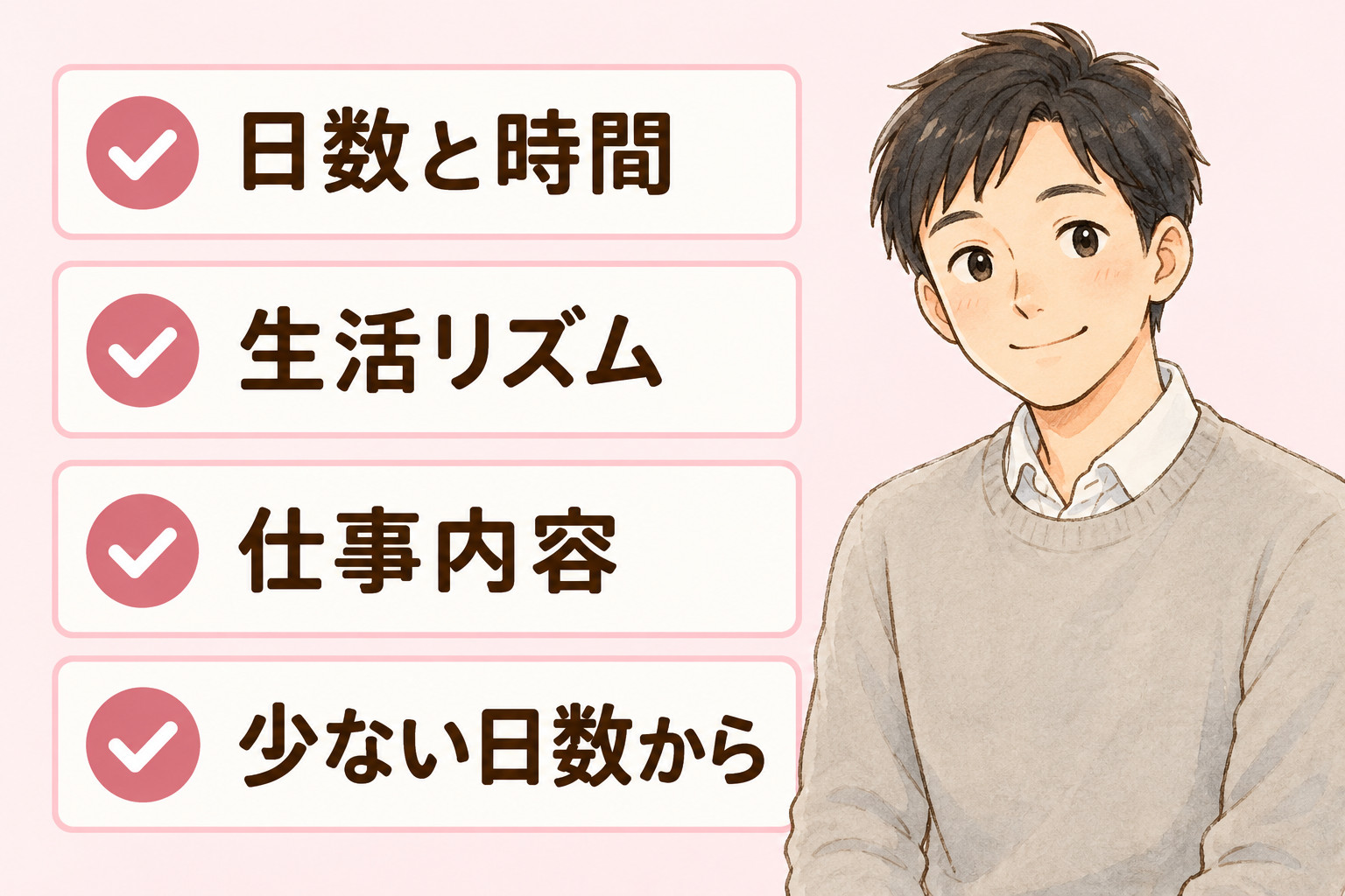A型事業所の見学・体験で確かめたい4点（日数と時間・生活リズム・仕事内容・少ない日数から）のチェックリスト
