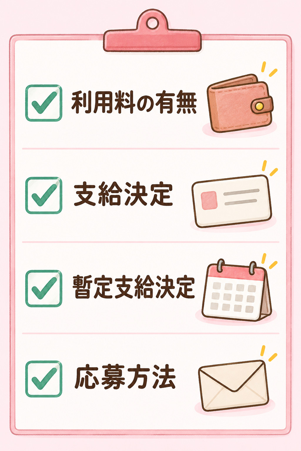 求人票で応募前に確かめる点(利用料の有無・支給決定・暫定支給決定・応募方法)を示すチェックリスト