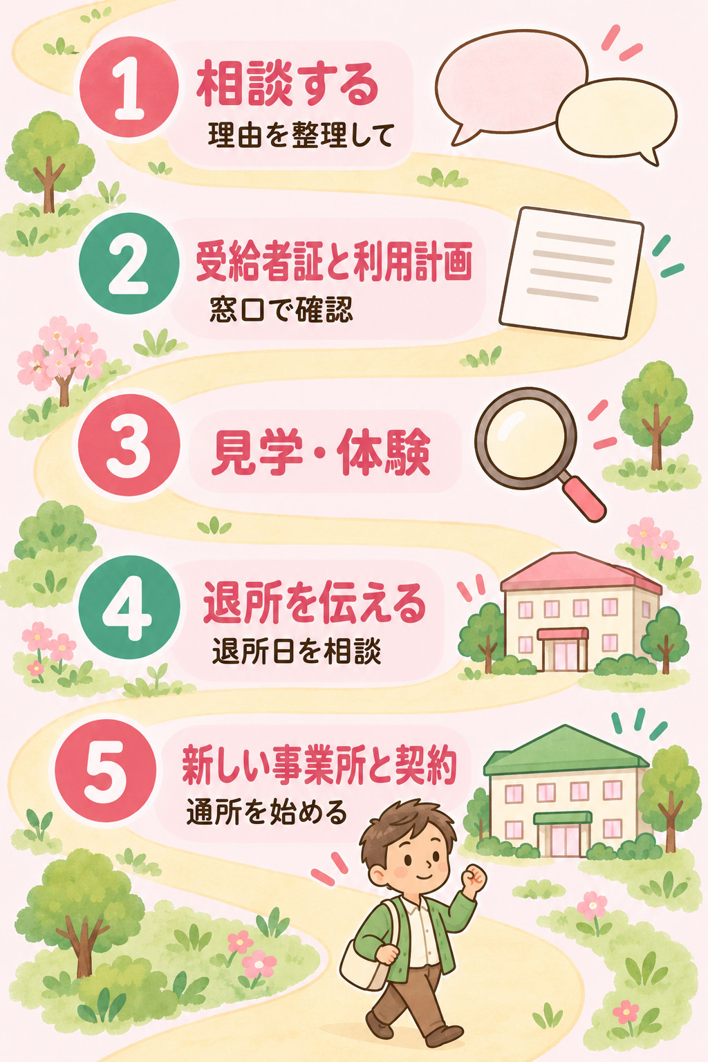 事業所を変更するときの基本的な流れを、相談から通所の開始まで5つの順番で示す手順図