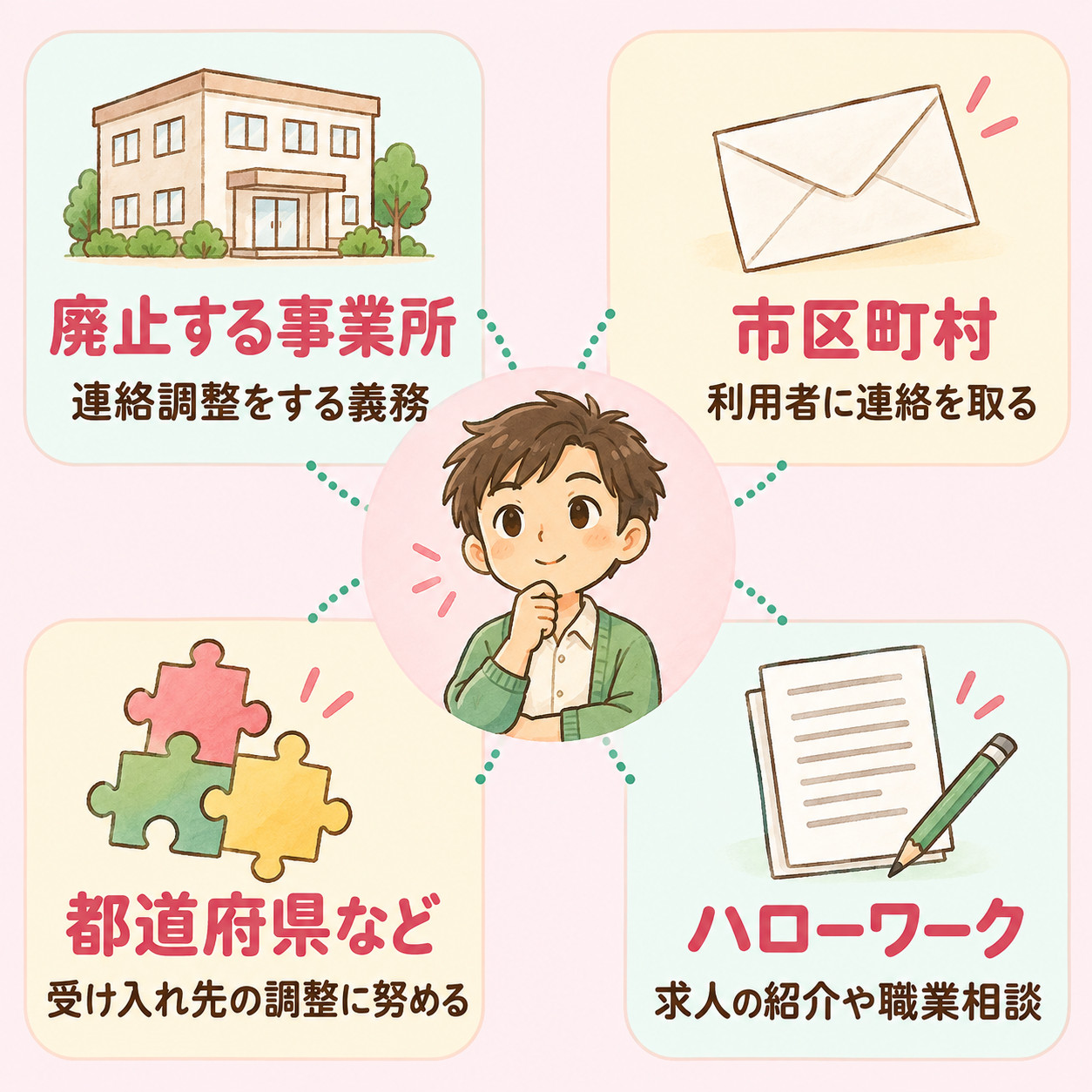 事業所が廃止されるときの関係者(廃止する事業所・市区町村・都道府県など・ハローワーク)の役割を示す図