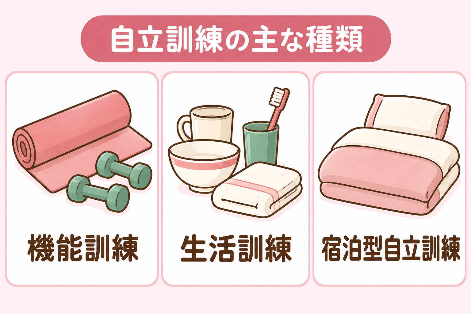 自立訓練の主な種類として、機能訓練・生活訓練・宿泊型自立訓練の3つを示す図
