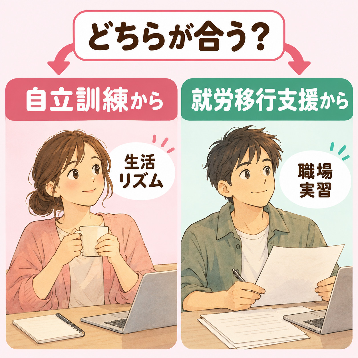 日常生活を整えたいなら自立訓練、就職に向けた訓練なら就労移行支援から考える目安を示す図