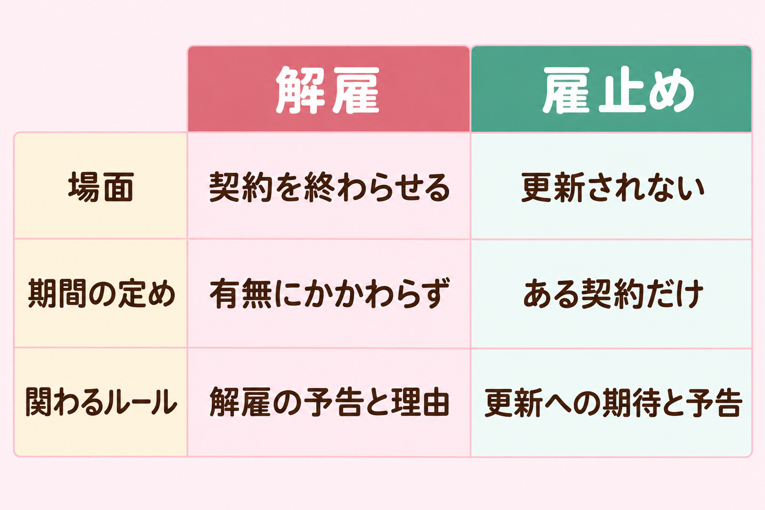 解雇と雇止めを、場面・期間の定め・関わるルールで比較する表