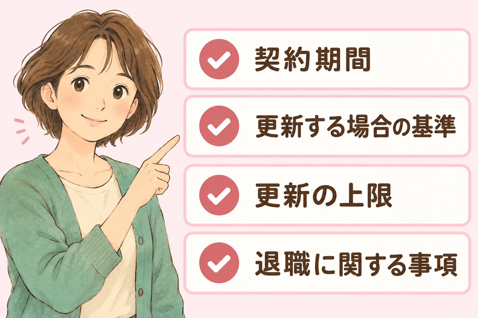 契約書や就業規則で確認したい点として、契約期間・更新する場合の基準・更新の上限・退職に関する事項の4つを示す図