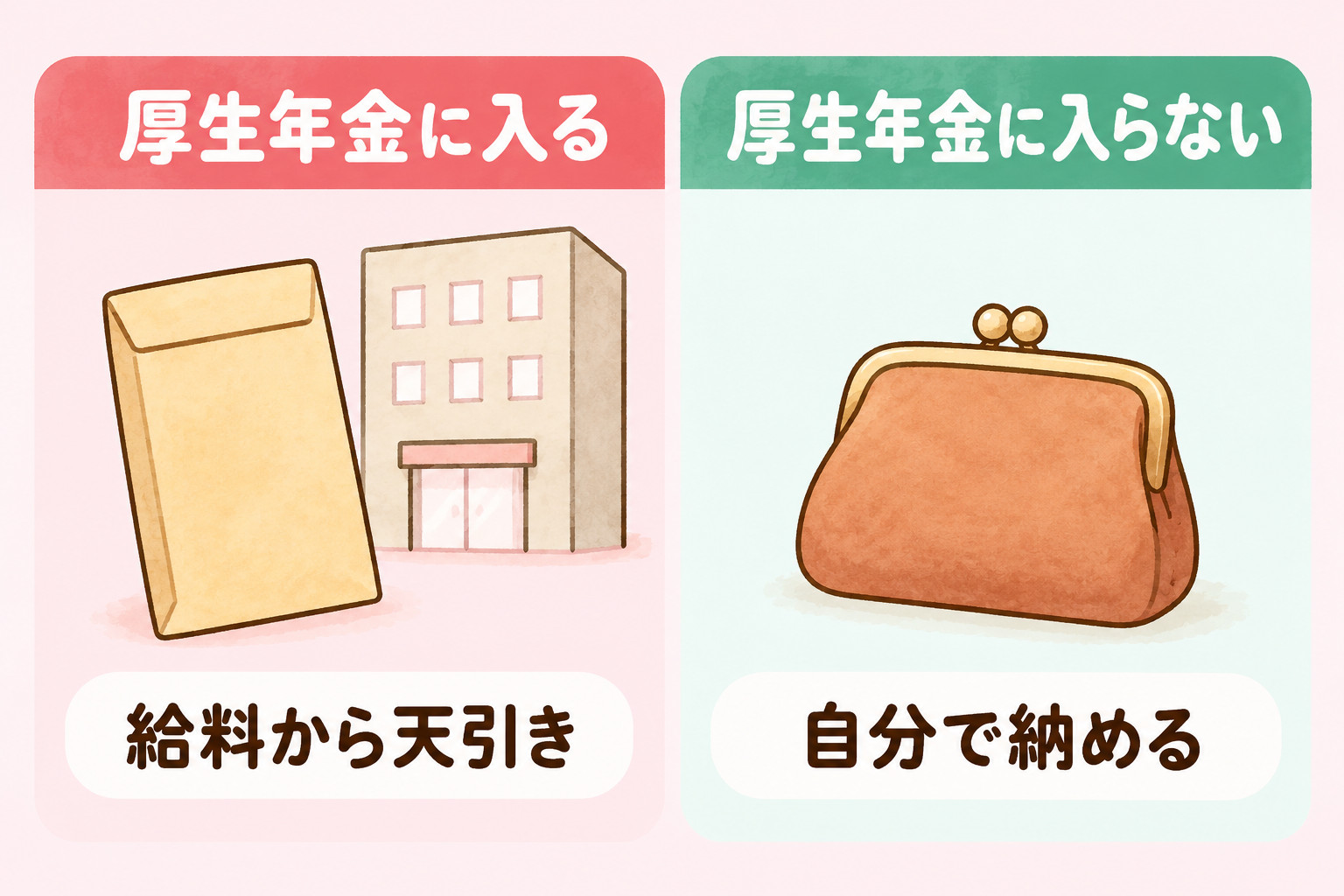 厚生年金に入る場合は給料から天引き、入らない場合は自分で納める、を比べた図