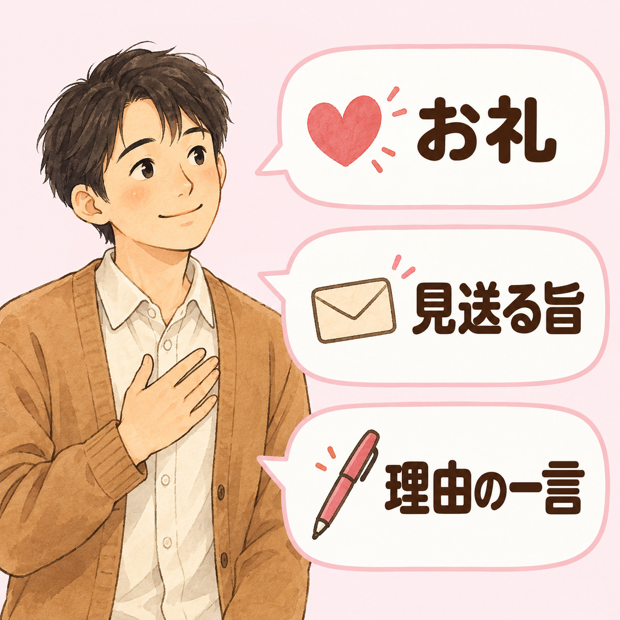 連絡には、お礼・見送る旨・理由の一言の3つを入れると短くても伝わることを示す図