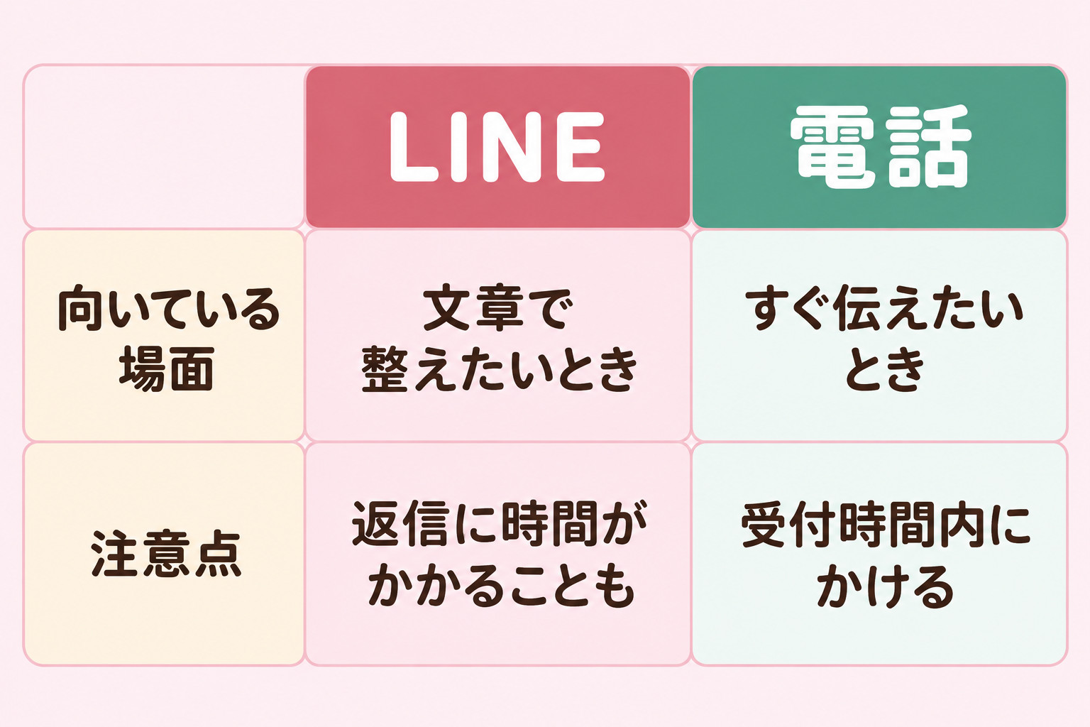 就労継続支援A型の見学・体験を断る連絡の手段として、LINEと電話の向いている場面と注意点を比べる表