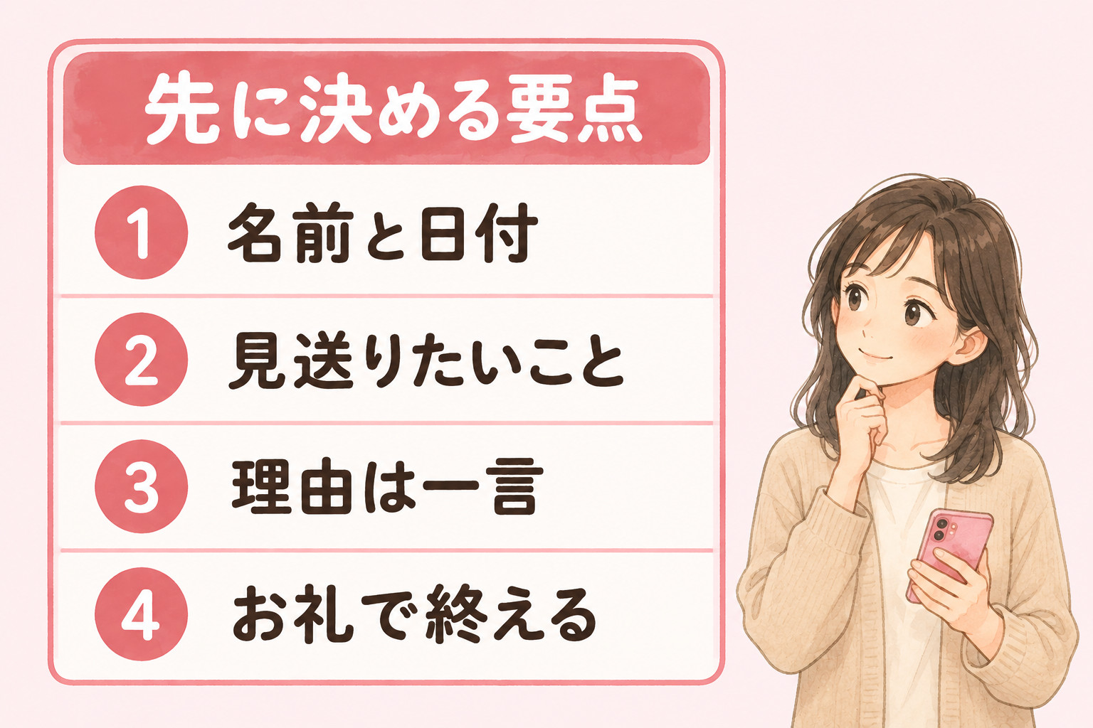 就労継続支援A型の見学・体験を電話で断る前に決めておく要点（名前と日付、見送りたいこと、理由は一言、お礼）を、話す順にメモにまとめた図