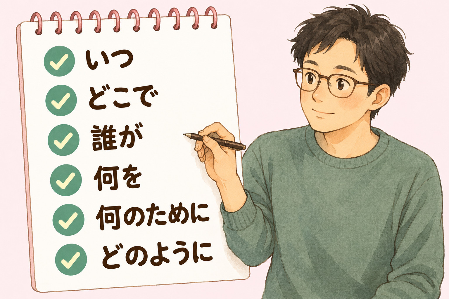 相談前に記録しておく項目として、いつ・どこで・誰が・何を・何のために・どのようにの6つを示すメモ帳