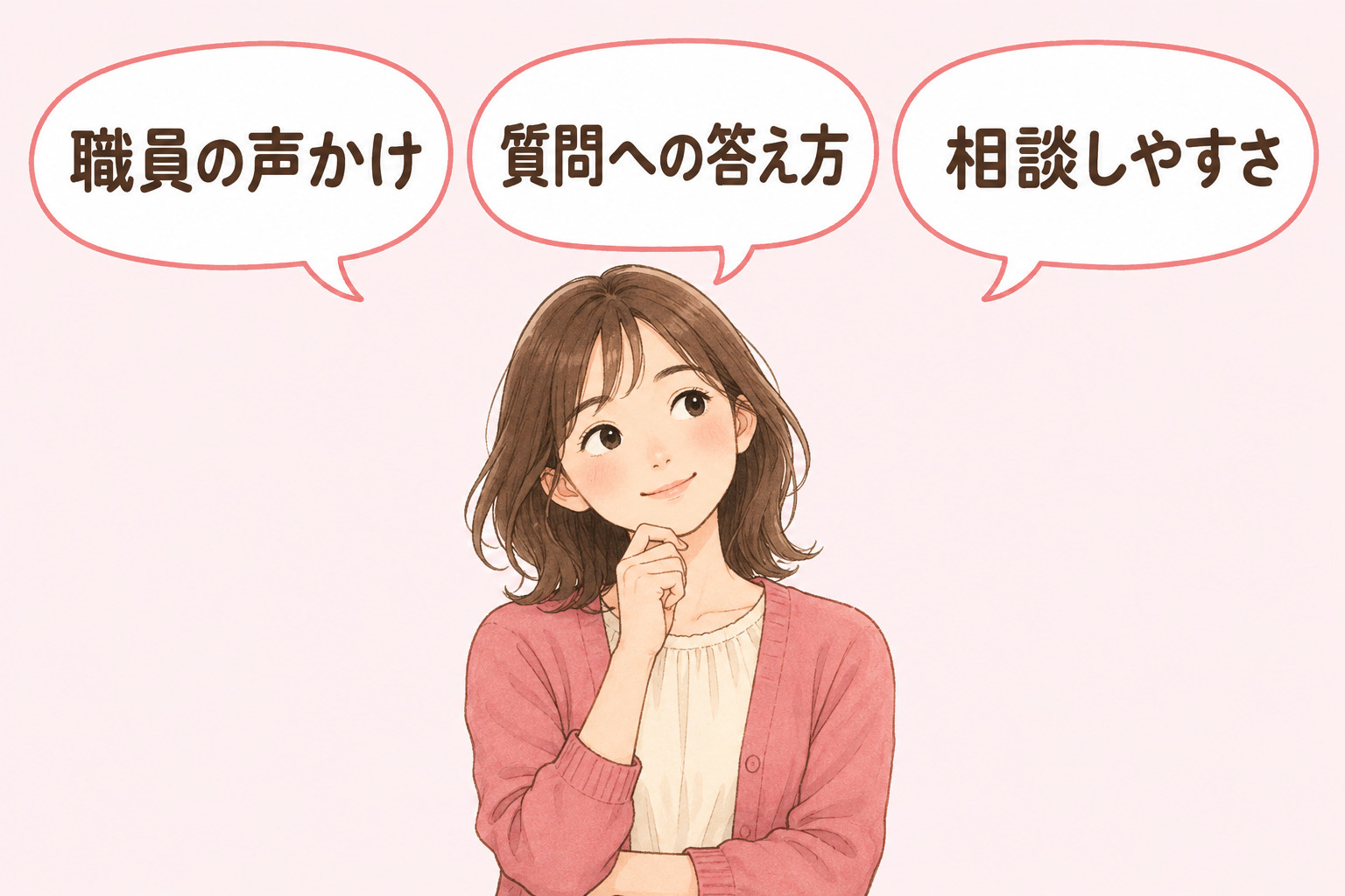 見学・体験で確かめる視点として、職員の声かけ、質問への答え方、相談しやすさを示す図