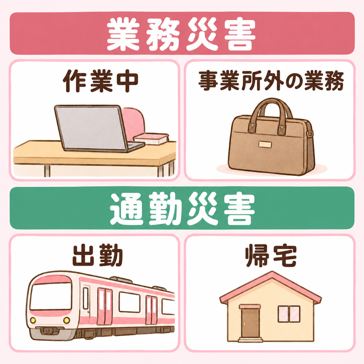仕事中のケガは業務災害（作業中・事業所外の業務）、通勤中のケガは通勤災害（出勤・帰宅）として労災保険の対象になることを示す図