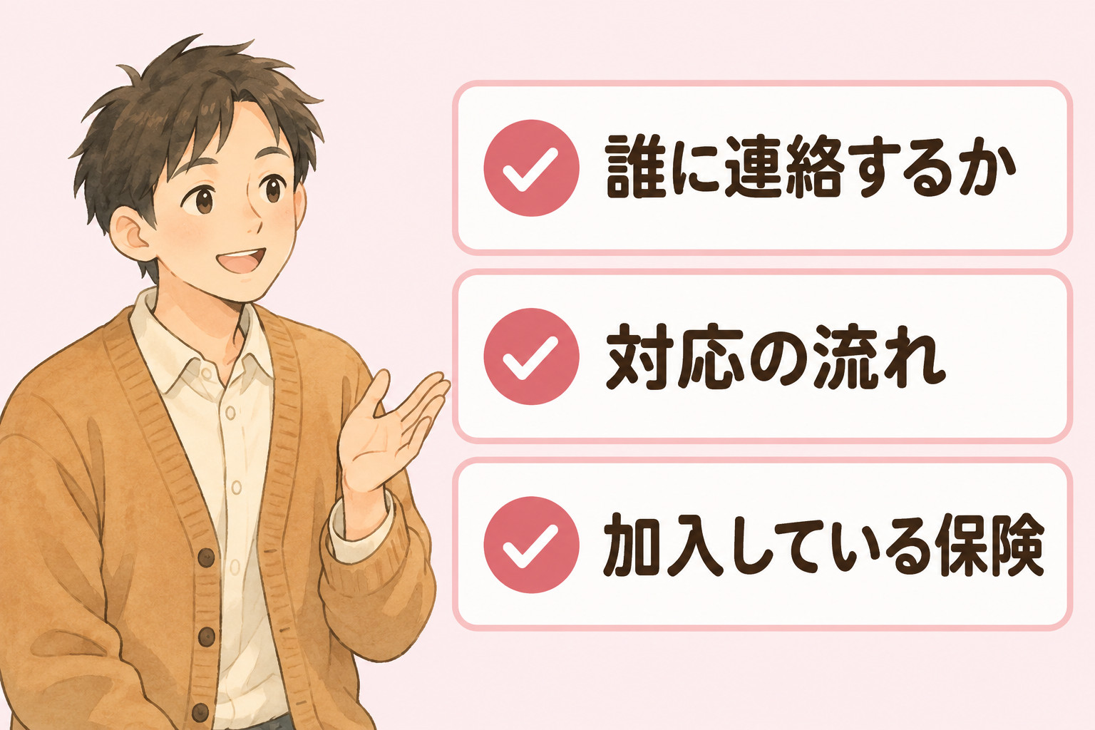 体験や見学の前に、ケガをしたときに誰に連絡するか、対応の流れ、加入している保険を確認できることを示すチェックリスト