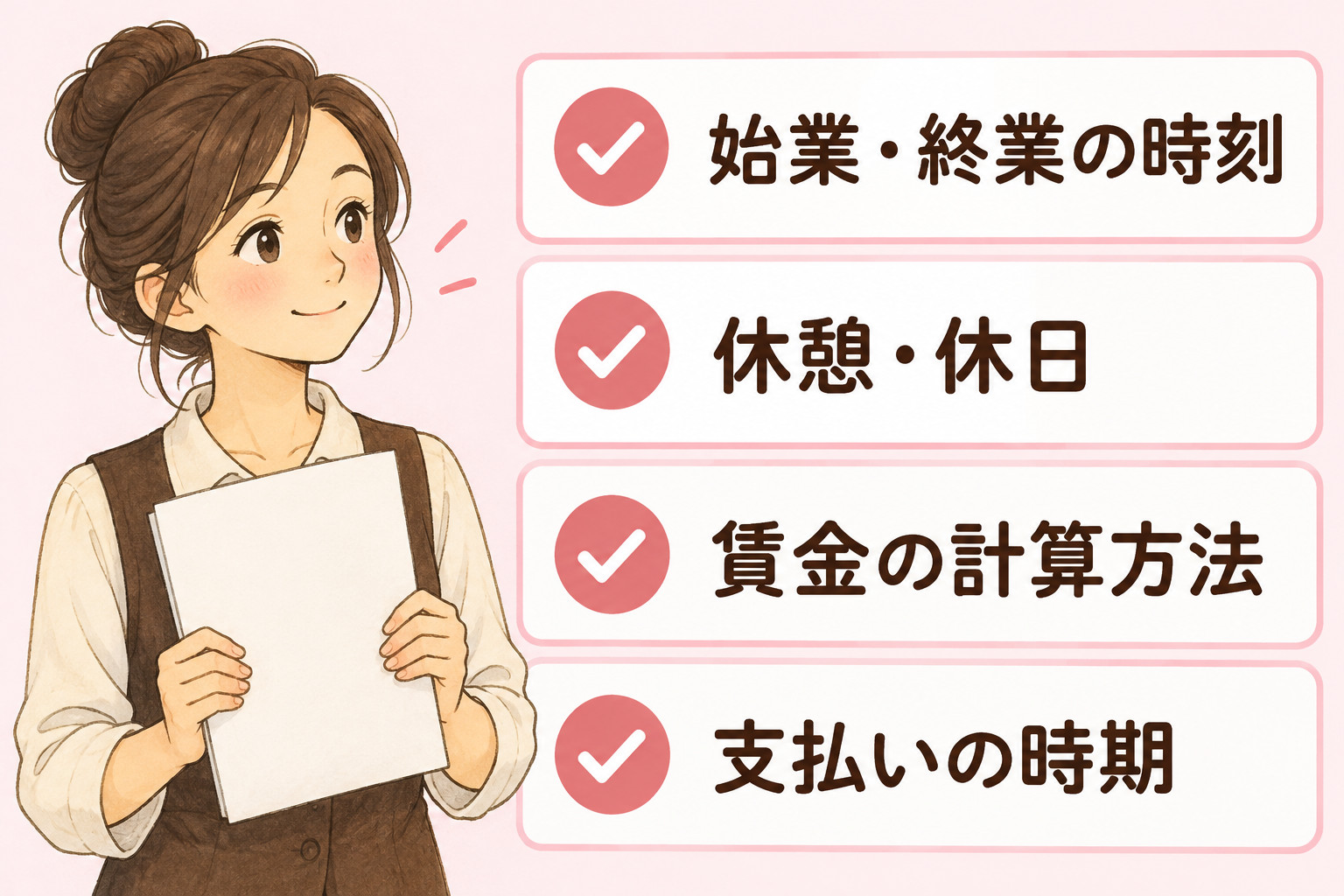 労働条件通知書で確認したい、始業・終業の時刻、休憩・休日、賃金の計算方法、支払いの時期の4つのチェック項目