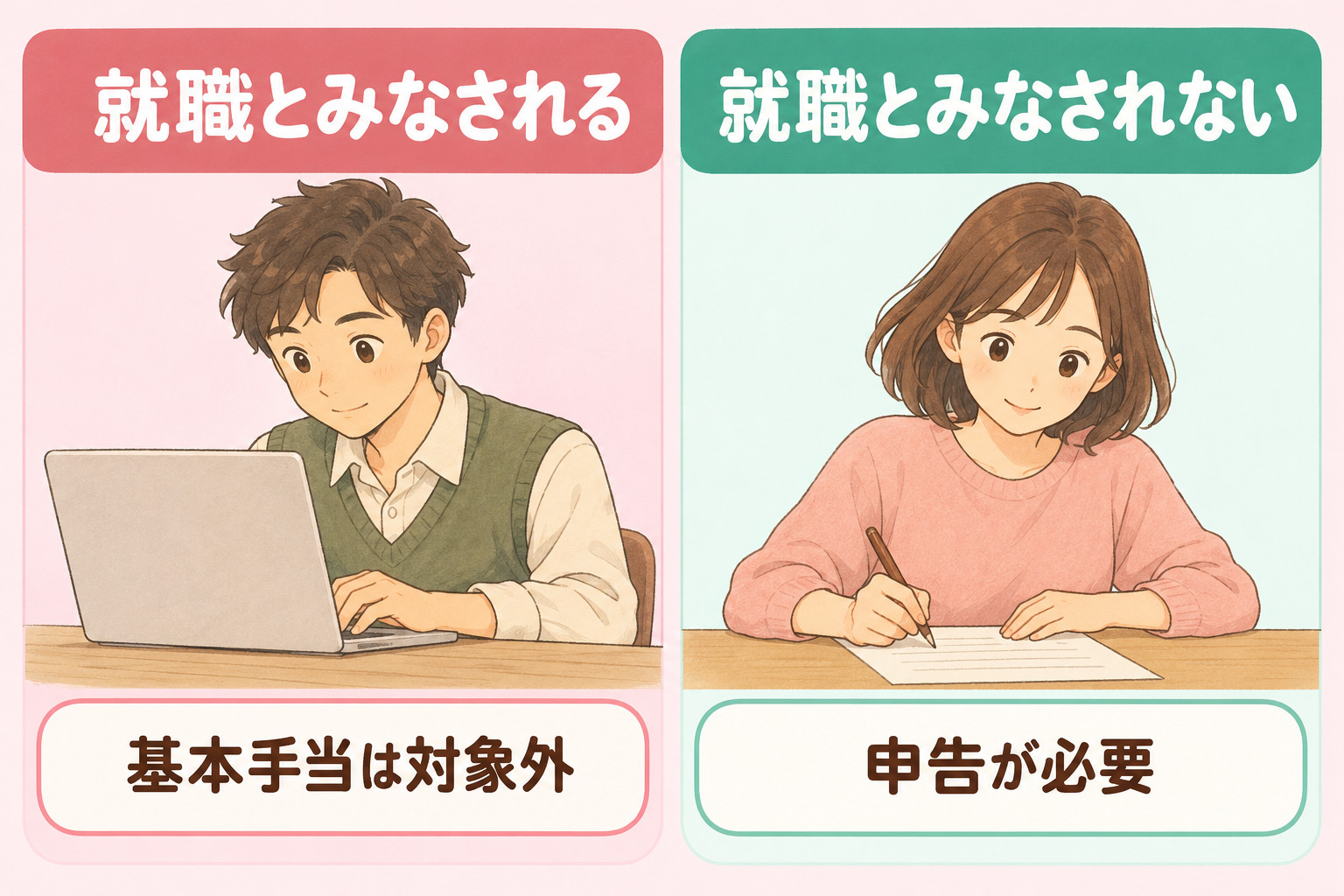 就職とみなされる働き方は基本手当の対象外、みなされない働き方は申告が必要であることを示す図