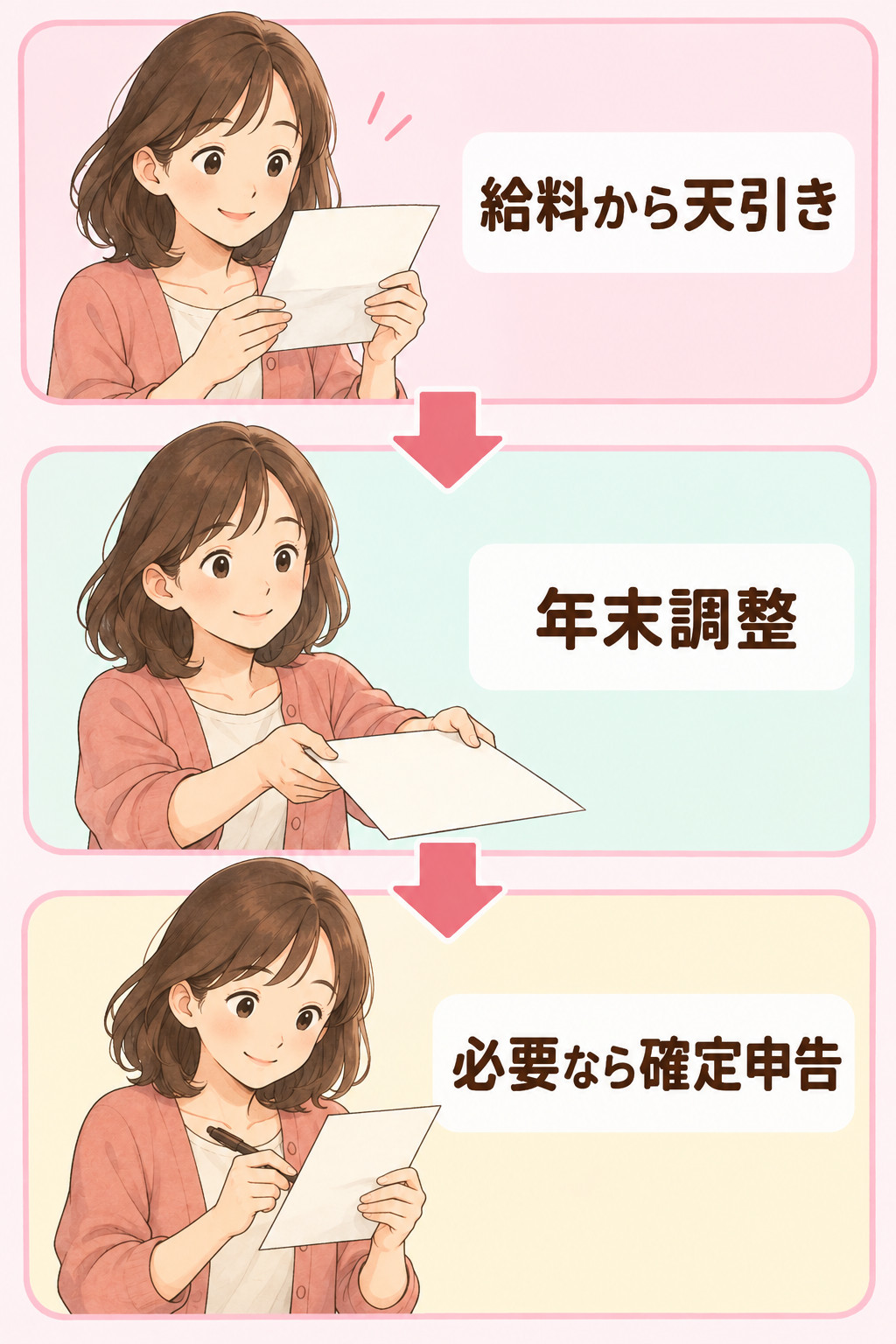 給料から天引き、年末調整、必要なら確定申告の順に進む流れを、同じ女性の3つの場面で示す図